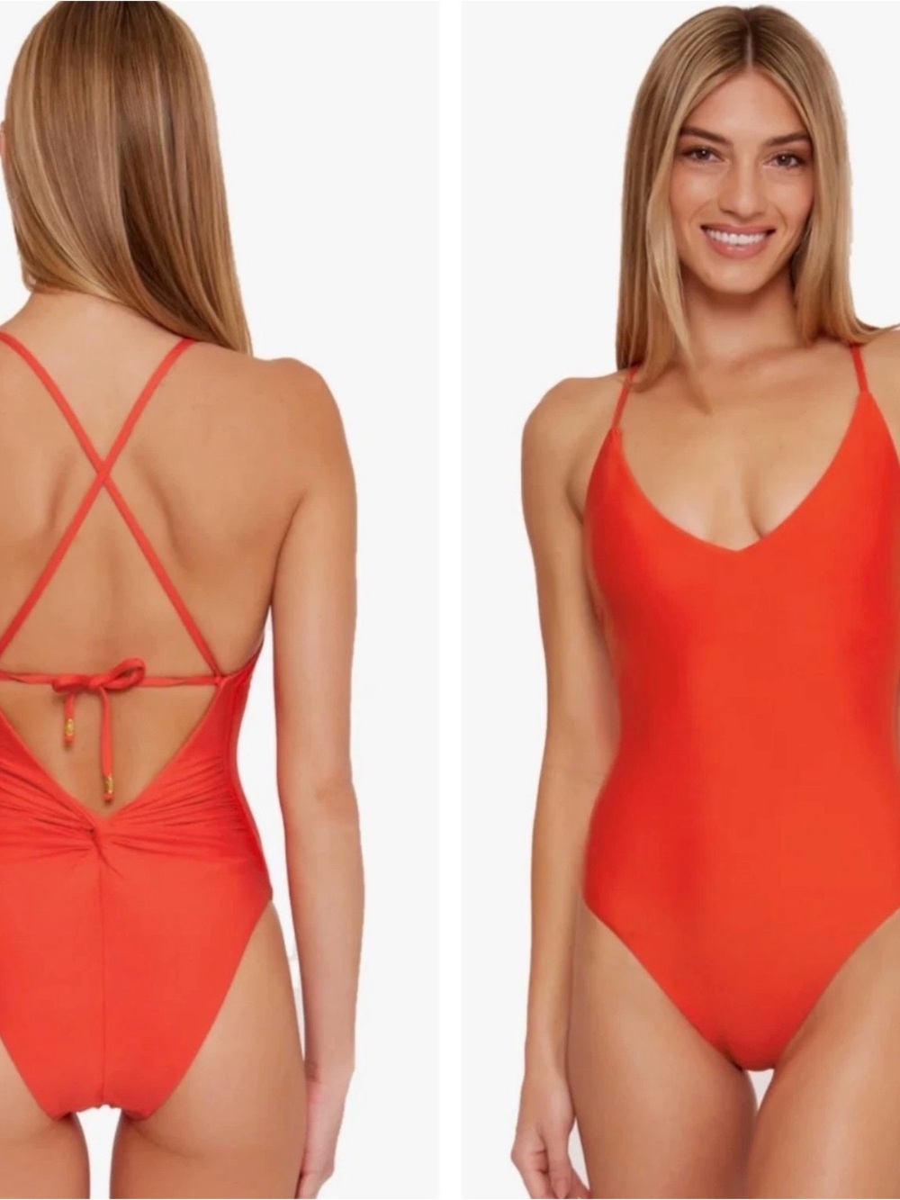 Trina Turk Red V-Neck One-Piece Swimsuit with back details.